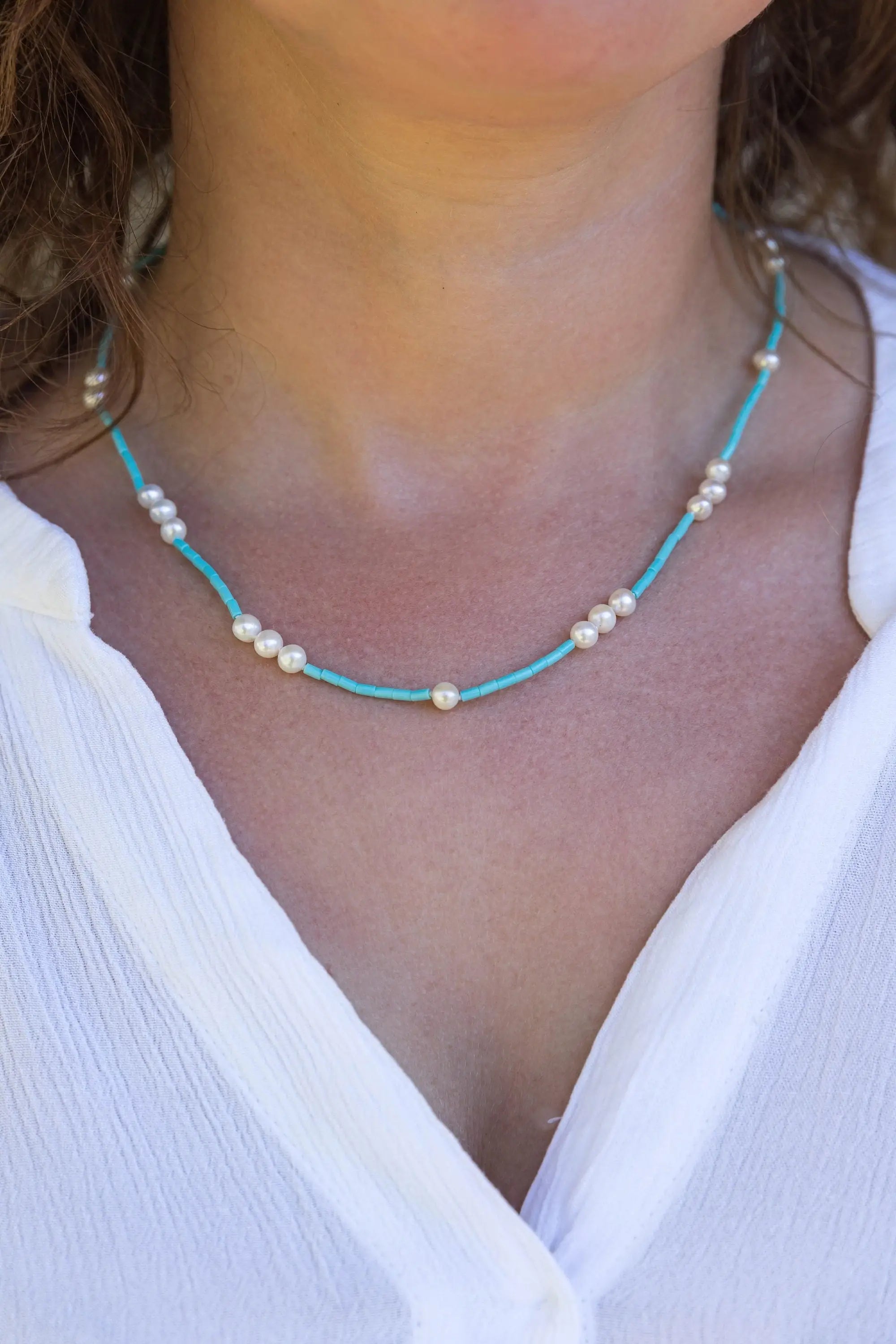 4.5-5.0mm White Freshwater Pearls with Kingman Turquoise Necklace - Marina Pearls