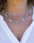 4.5-5.0mm White Freshwater Pearls with Kingman Turquoise Necklace - Marina Pearls