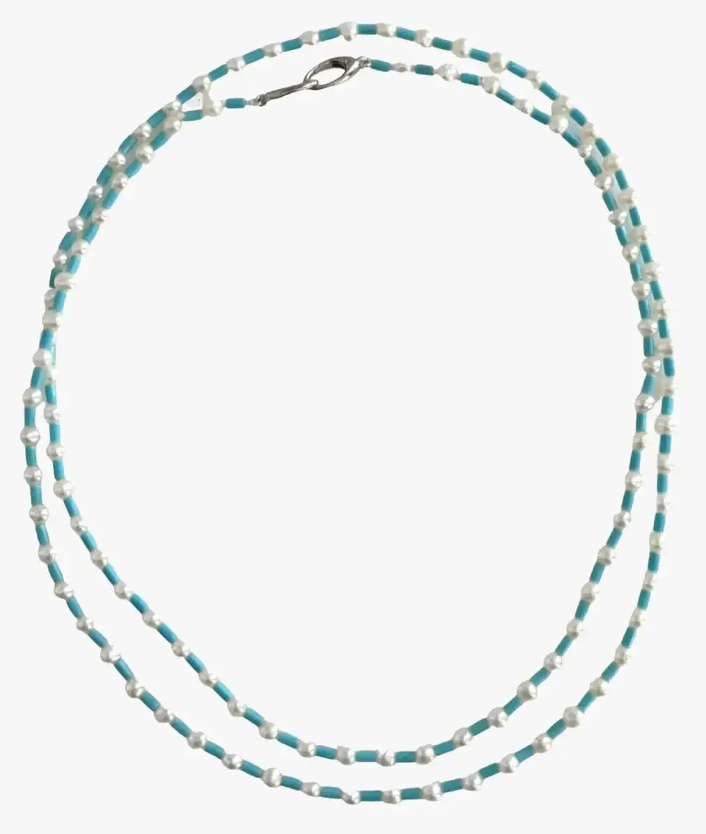 4.0 - 4.5mm White Freshwater Pearls and Turquoise Necklace - Marina Korneev