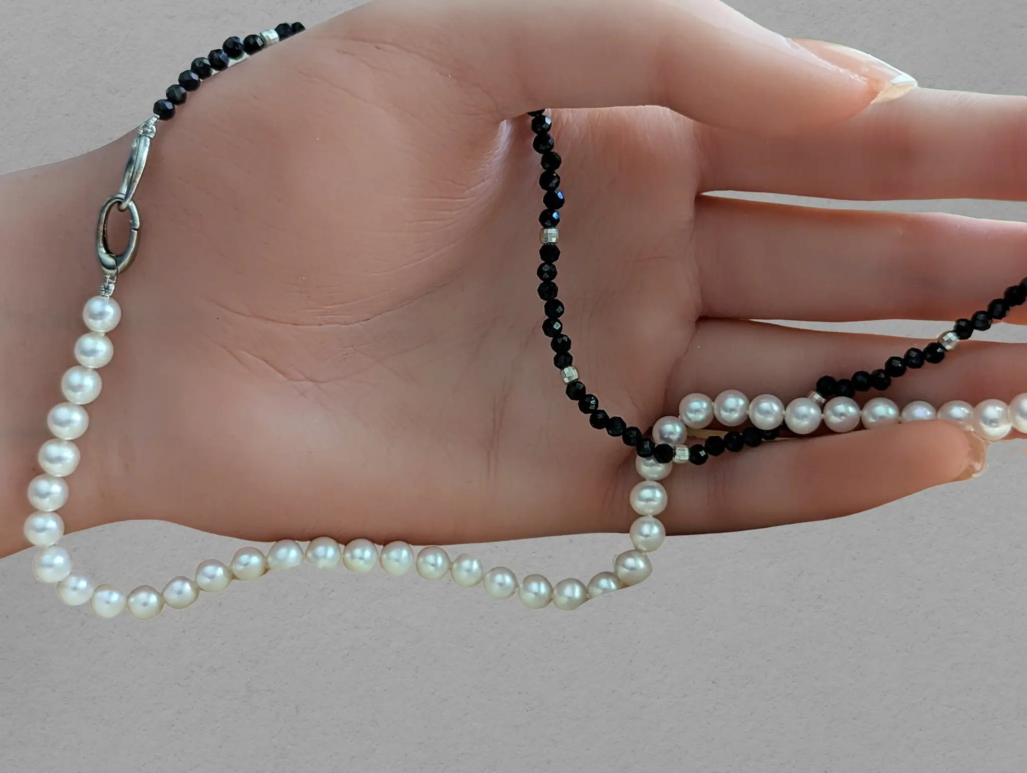 5.5-6.0mm White Freshwater Pearls Half and Half Black Spinel Necklace - Marina Pearls