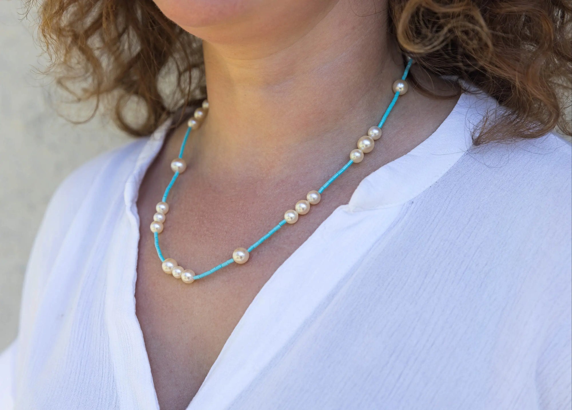 6.5-8.5mm Cream Akoya Pearls and Turquoise Necklace - Marina Korneev Fine Pearls