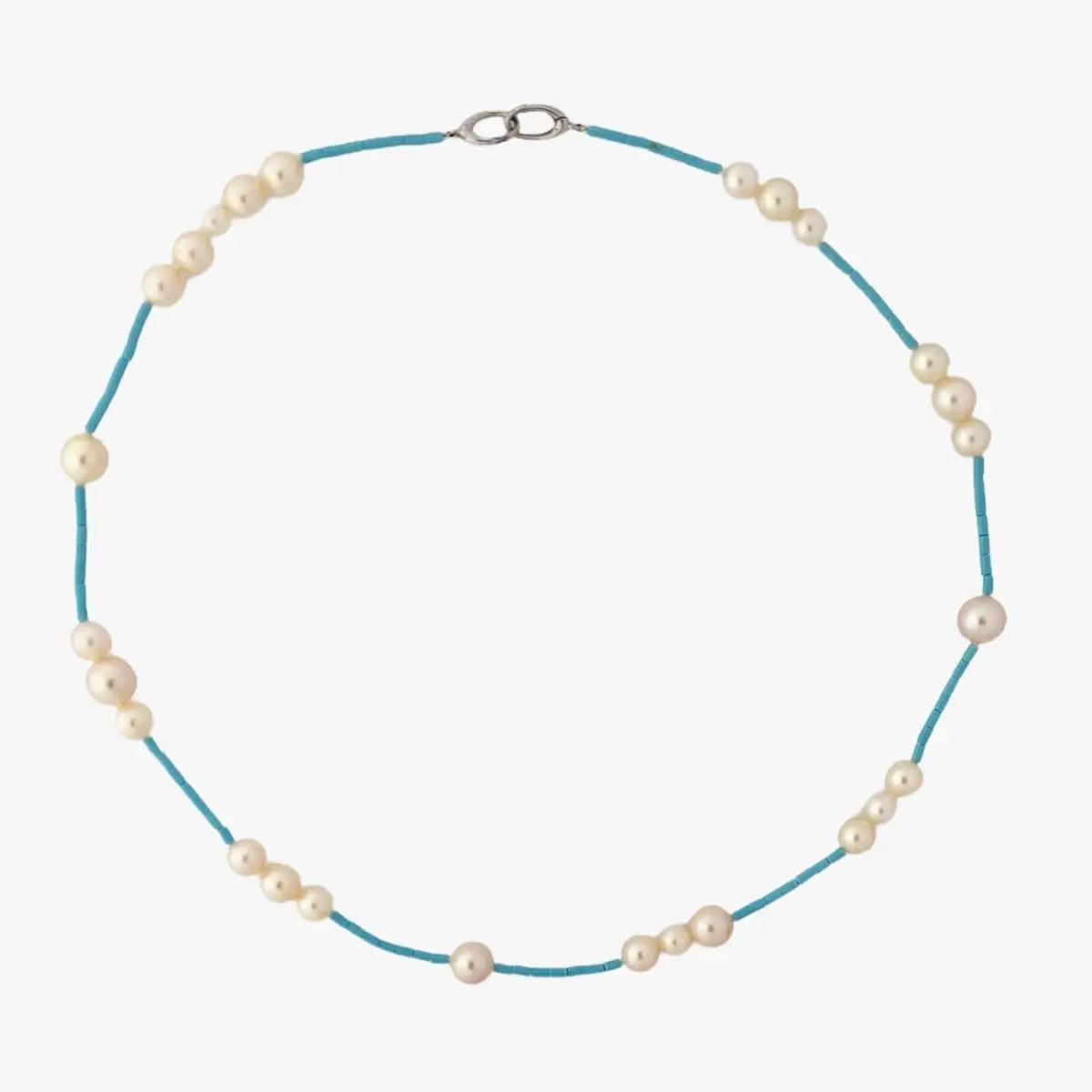 6.5-8.5mm Cream Akoya Pearls and Turquoise Necklace - Marina Korneev Fine Pearls