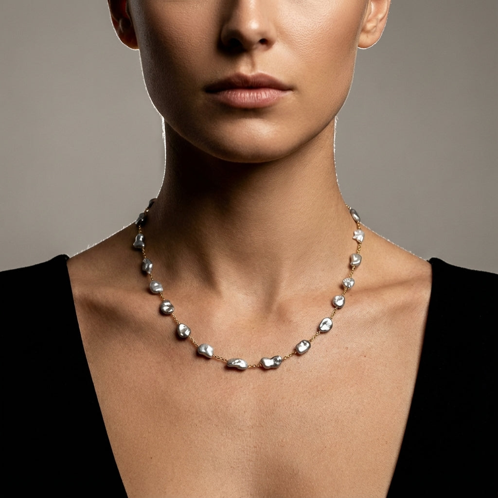 Tahitian Keshi Pearl Station Necklace 6-7mm 14K Gold – Marina Korneev