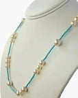 6.5 - 8.5mm Cream Akoya Pearls and Turquoise Necklace - Marina Korneev