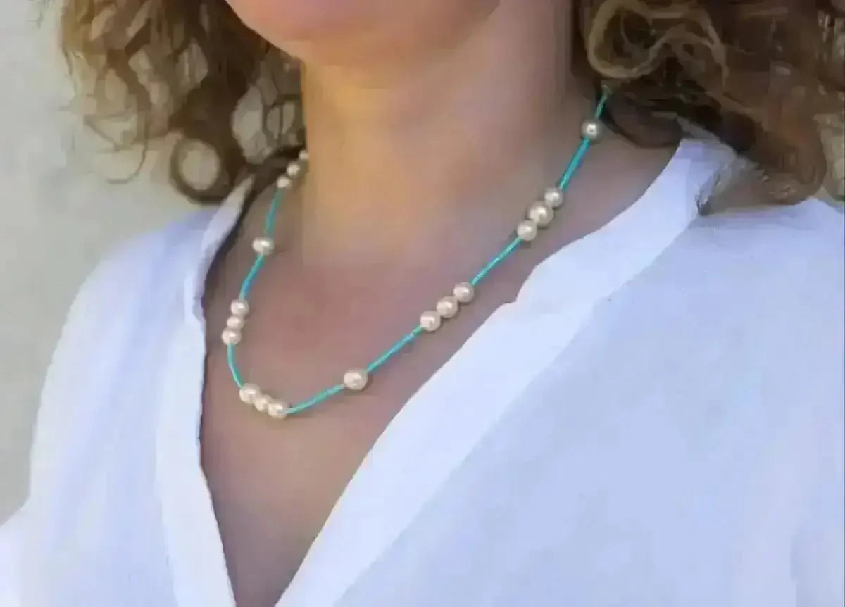 6.5 - 8.5mm Cream Akoya Pearls and Turquoise Necklace - Marina Korneev