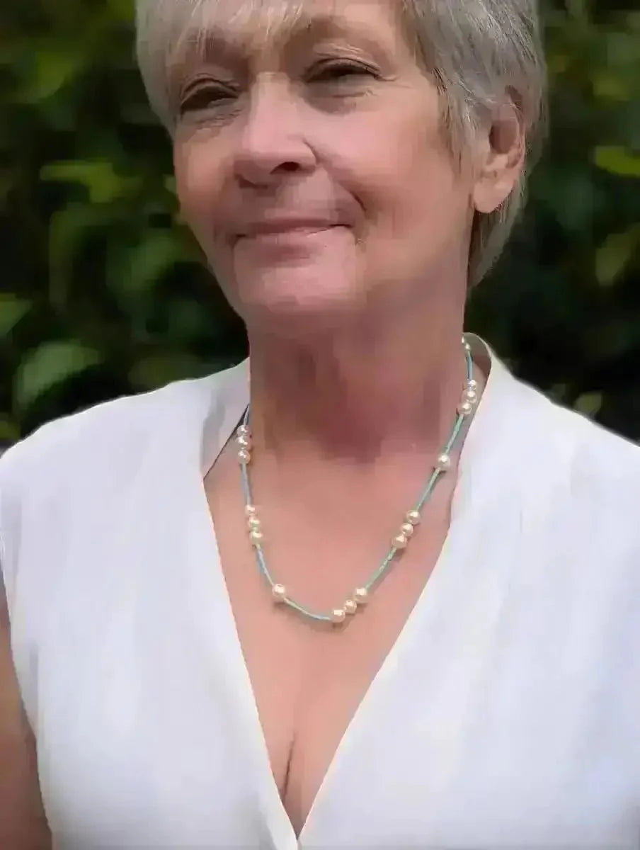 6.5 - 8.5mm Cream Akoya Pearls and Turquoise Necklace - Marina Korneev