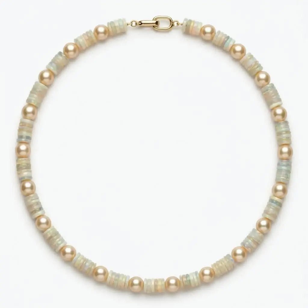 7.5 - 8.0mm Golden Akoya Pearl and Australian Opal Necklace Elegant Necklaces by Marina Korneev