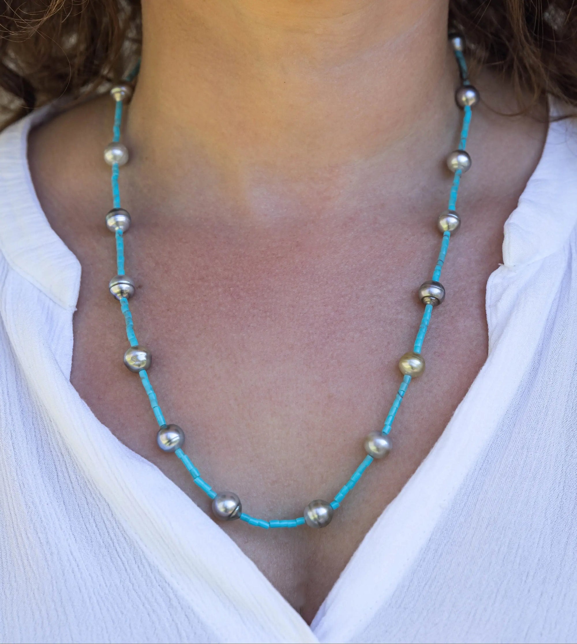 8-10mm Tahitian Baroque Pearls and Turquoise Necklace - Marina Pearls