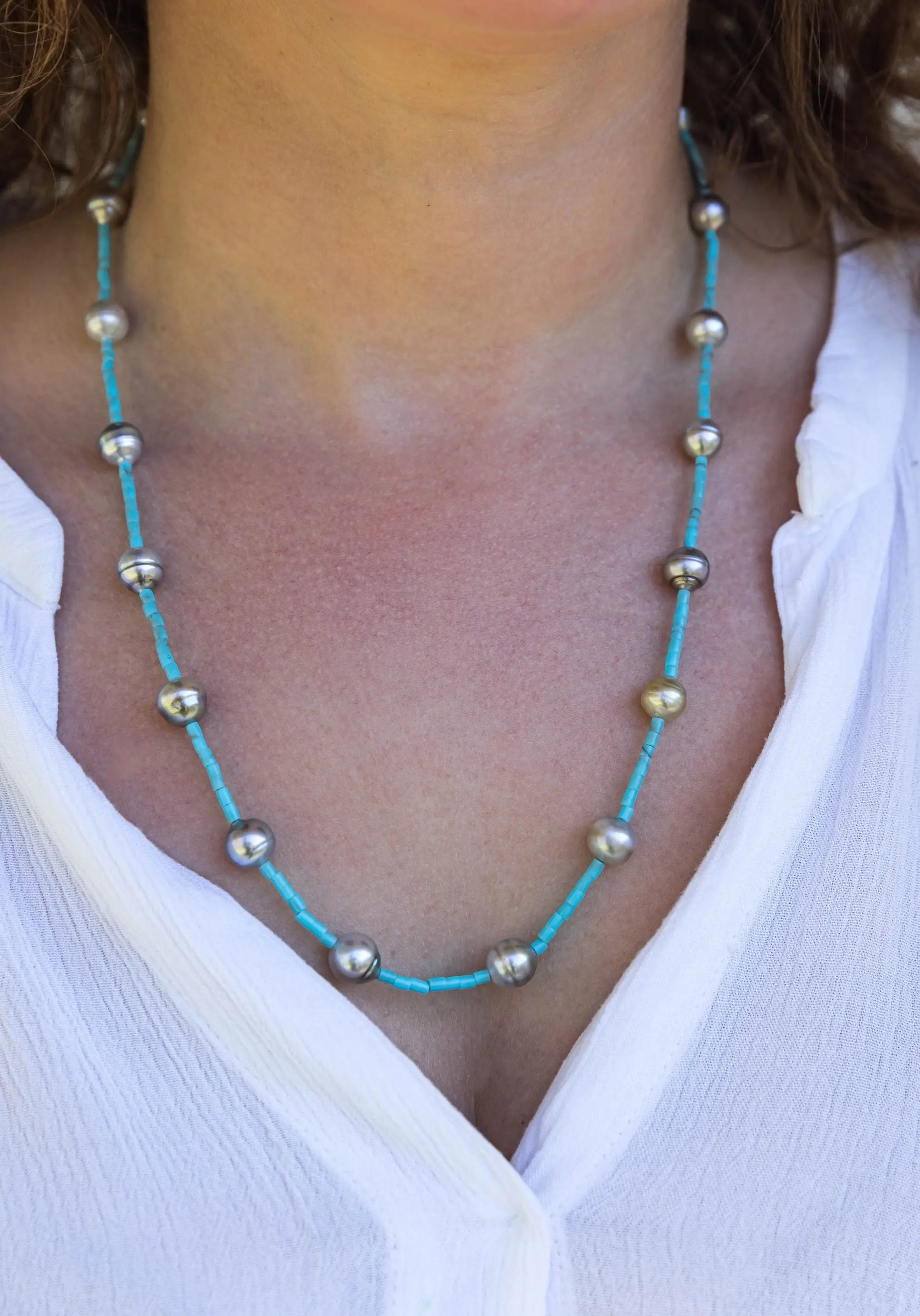 8-10mm Tahitian Baroque Pearls and Turquoise Necklace - Marina Pearls