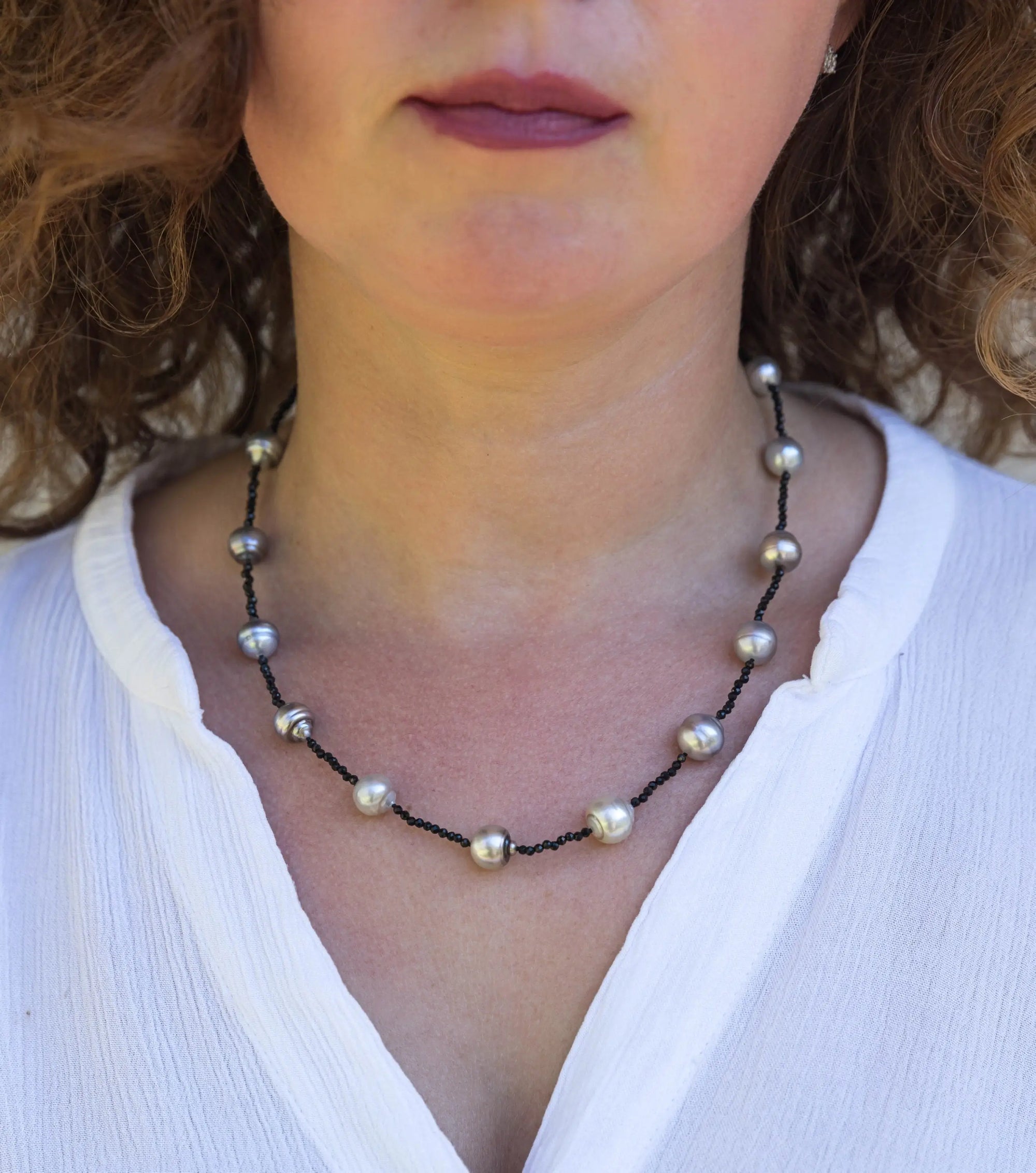 8-11mm Tahitian Pearl and Black Spinel Necklace - Marina Pearls