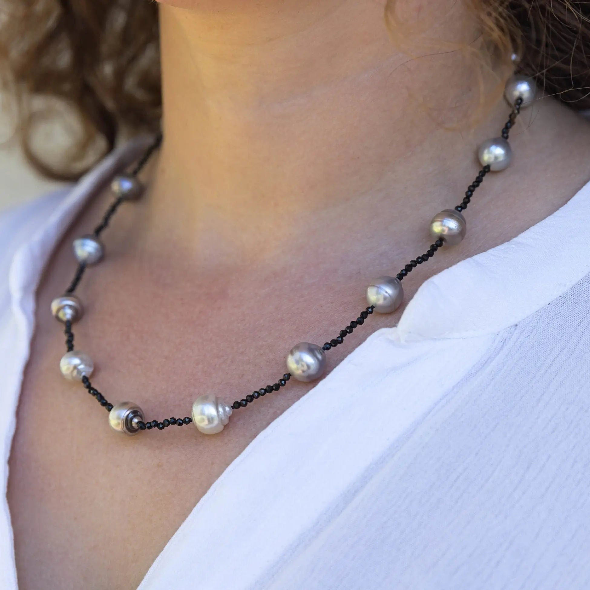 8-11mm Tahitian Pearl and Black Spinel Necklace - Marina Pearls