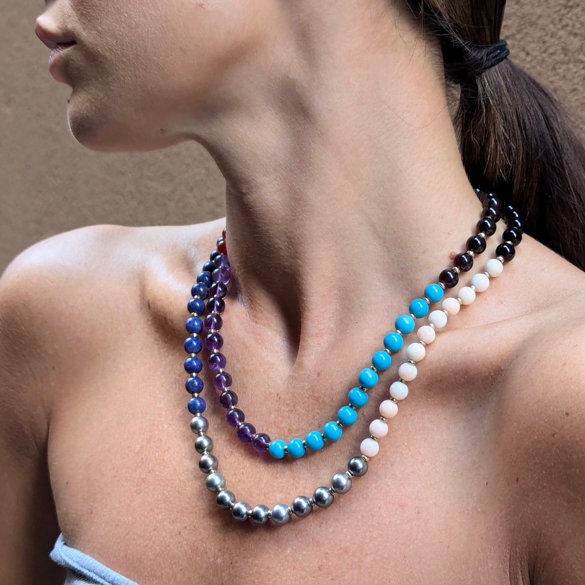 8.0 - 8.5mm Tahitian Pearl &amp; Multi Gem Necklace - Marina Korneev