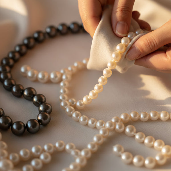 Wiping pearl jewelry with a soft cloth.