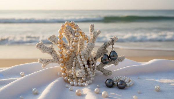 Pearl jewelry displayed in a summer setting.