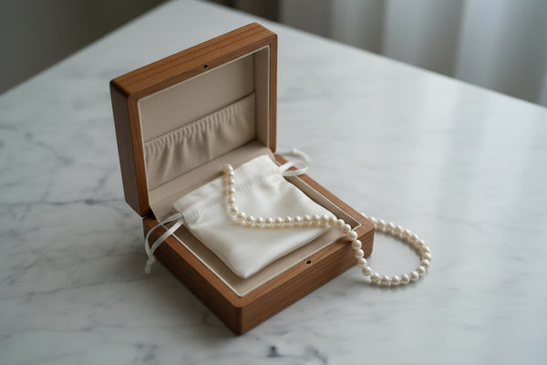 Pearl jewelry stored in a soft-lined jewelry box.