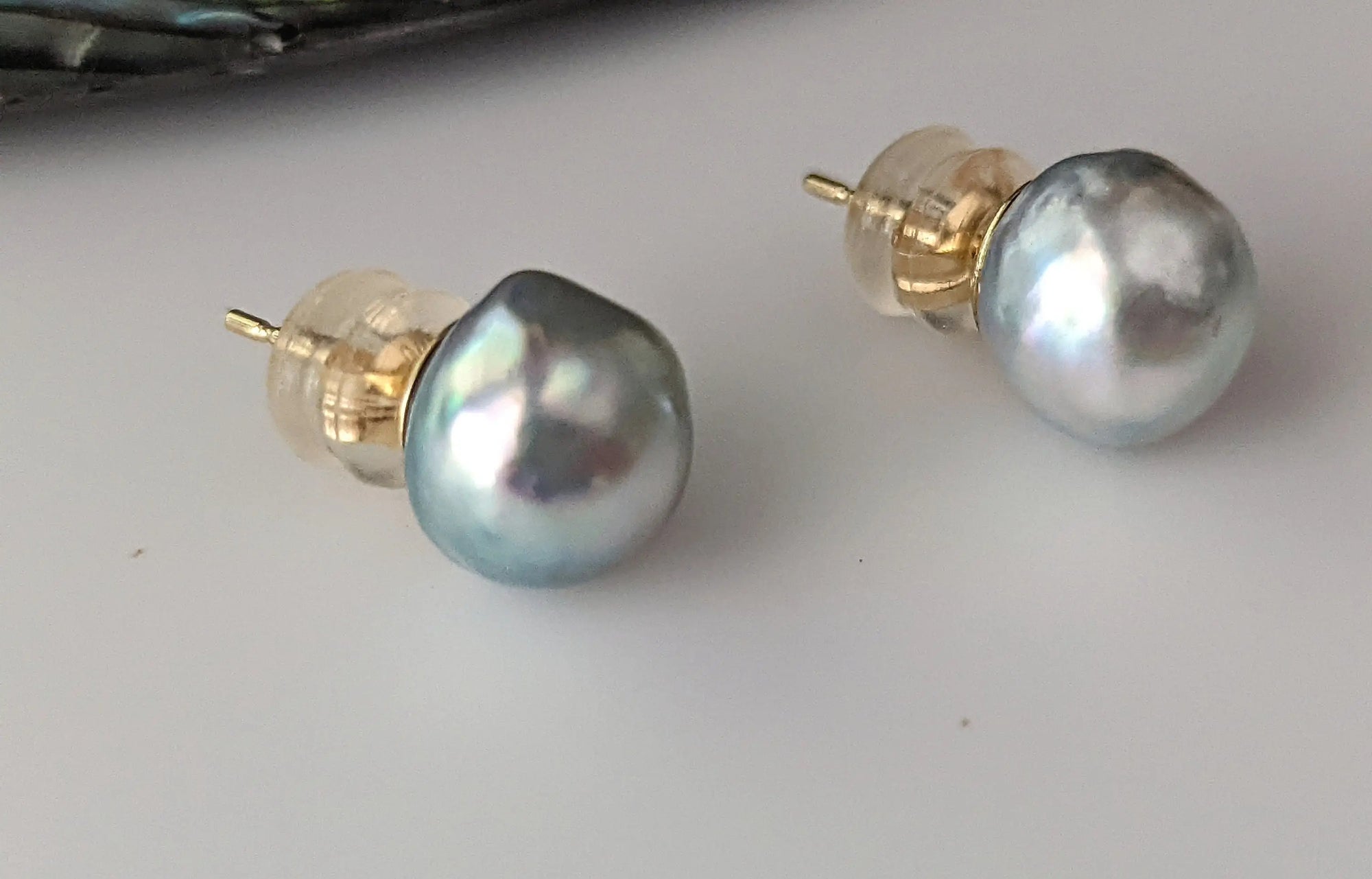 9.0-9.5mm Blue Baroque Akoya Pearl 14K YG Stud Earrings Marina Pearls