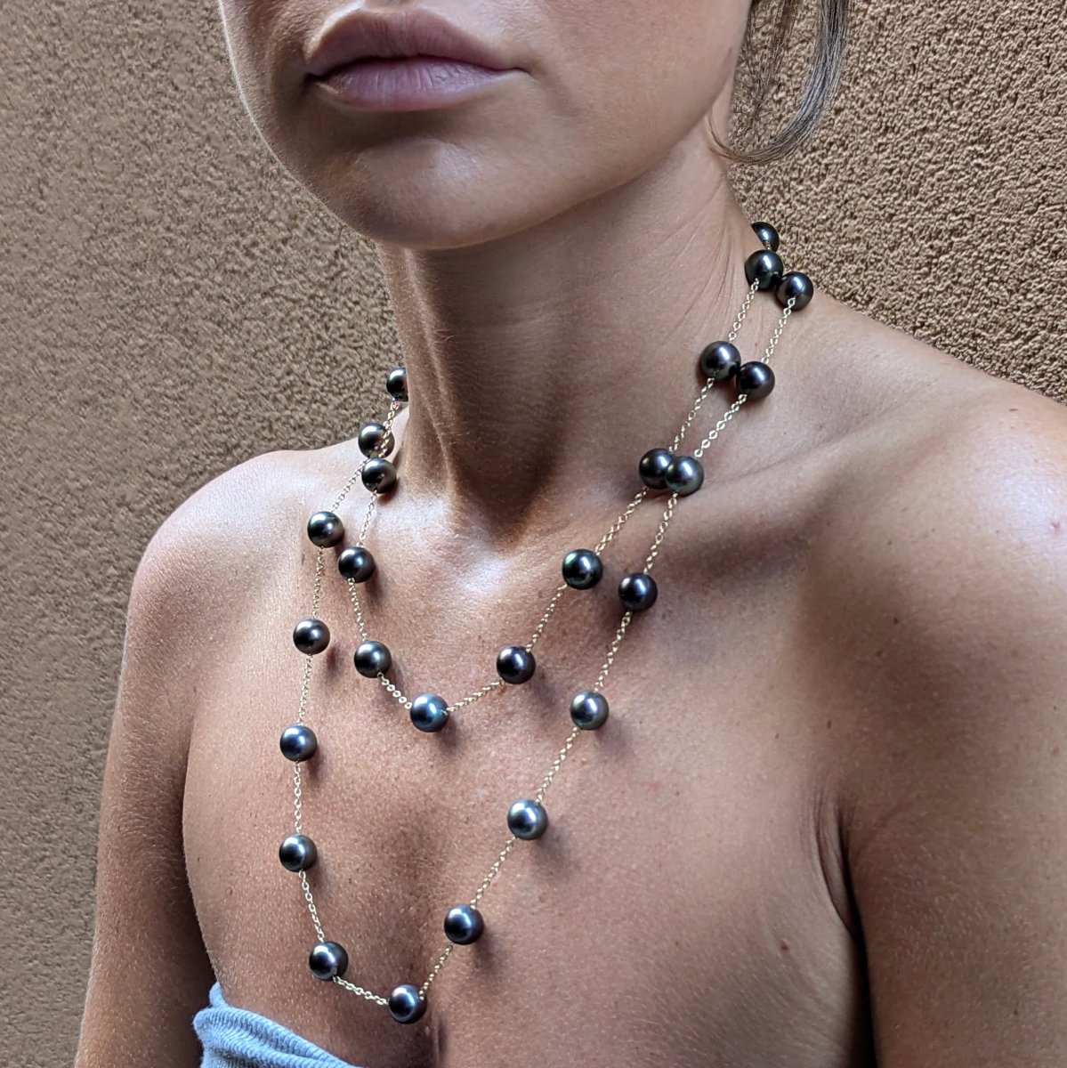 9 - 11mm EXCEPTIONAL Round Tahitian Pearl Station Long Necklace - Marina Korneev