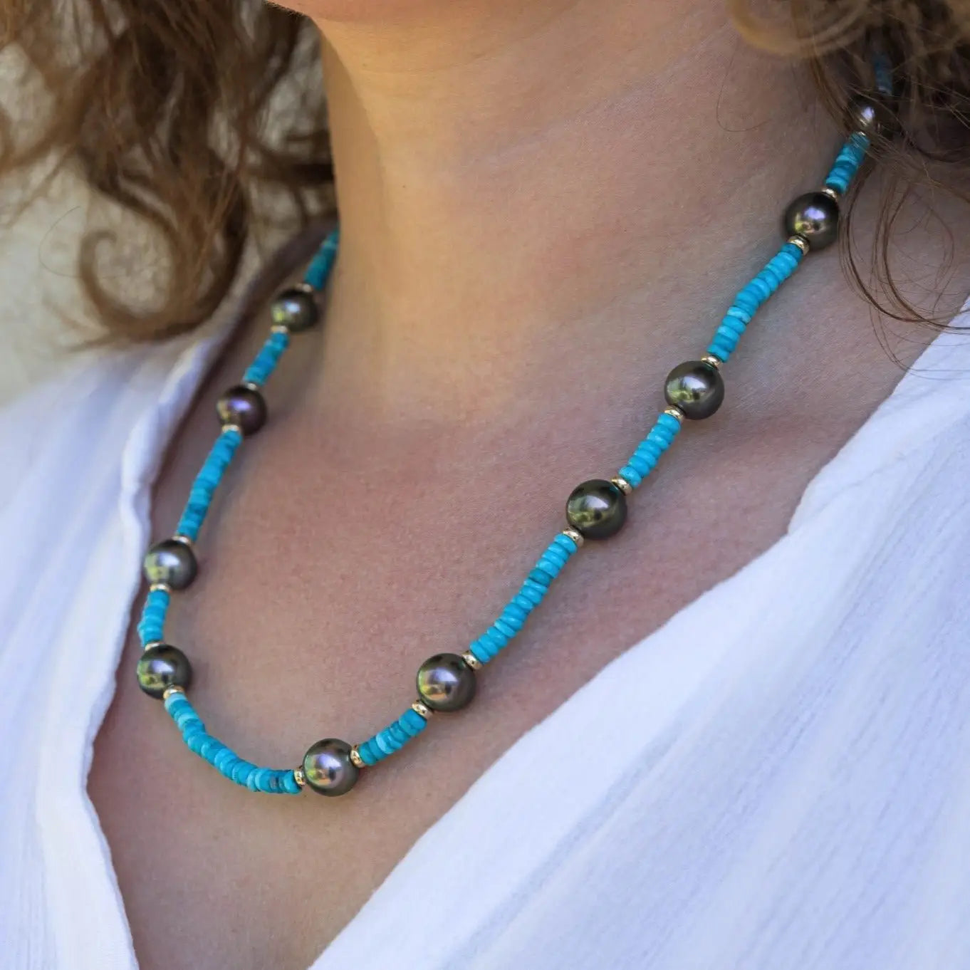 9-11mm Tahitian Pearl and Turquoise Necklace - Marina Korneev Fine Pearls