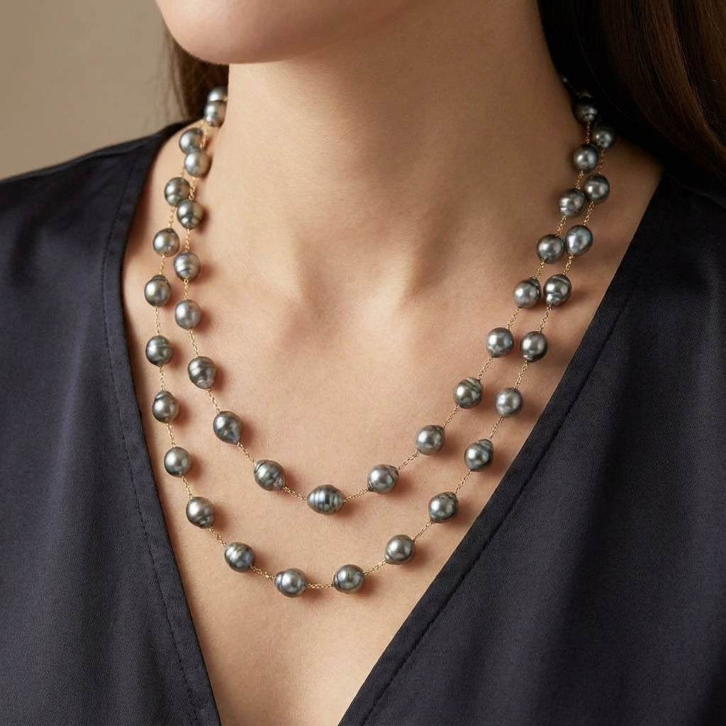 9 - 11mm Semi - Baroque Tahitian Pearl Station Long Necklace Elegant Necklaces by Marina Korneev