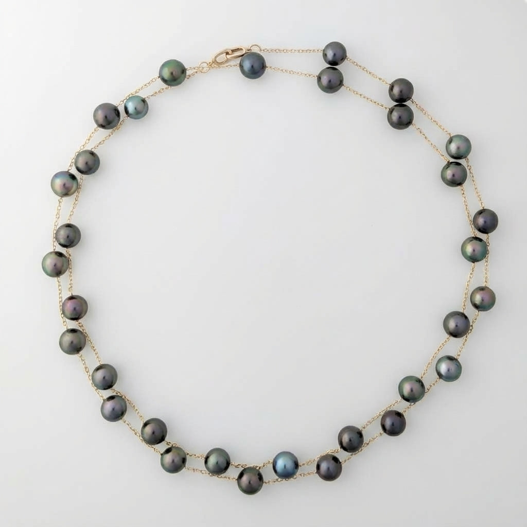 9 - 11mm EXCEPTIONAL Round Tahitian Pearl Station Long Necklace Elegant Necklaces by Marina Korneev