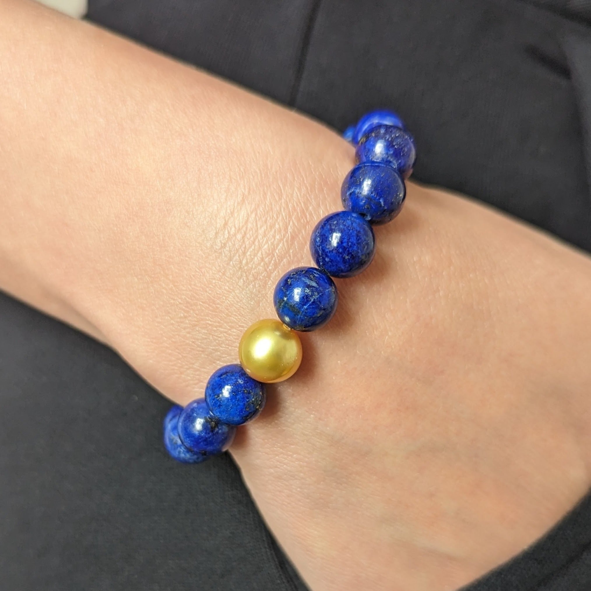 10-11mm Golden South Sea Pearl Lapis Lazuli Stretch Bracelet - Marina Korneev Fine Pearls