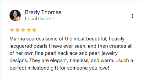 Five-star review by Brady Thomas for Marina's pearl jewelry on a white background