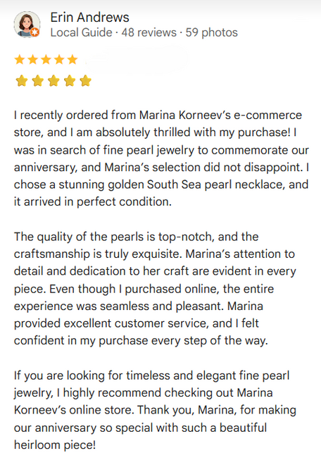 Five-star review of Marina Korneev's e-commerce store for pearl jewelry.