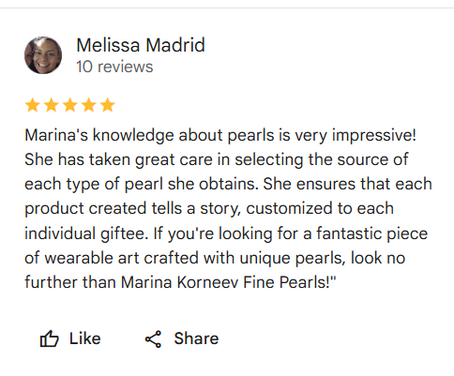 Five-star review of Marina Korneev Fine Pearls by Melissa Madrid 