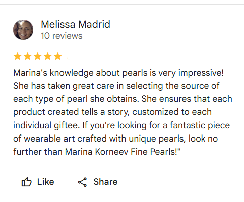 Five-star review of Marina Korneev Fine Pearls by Melissa Madrid 