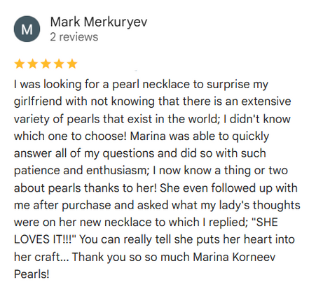 Five-star review of Marina Korneev Pearls on a white background