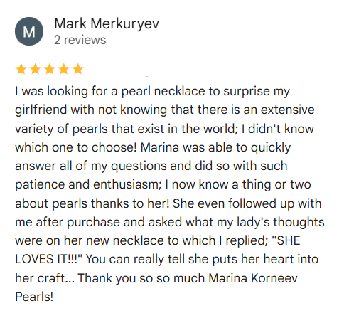 Five-star review of Marina Korneev Pearls on a white background