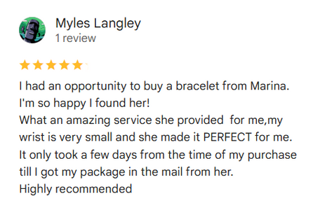 Five-star review for a bracelet seller with a customer's name and message.