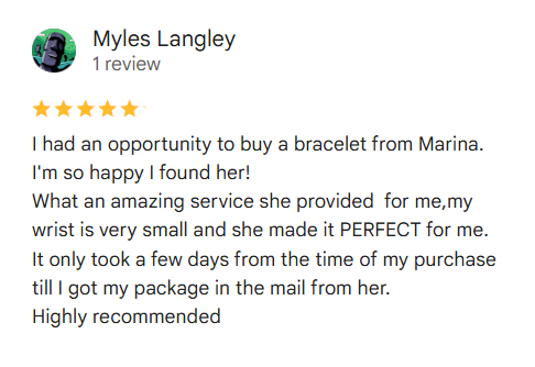 Five-star review for a bracelet seller with a customer's name and message.