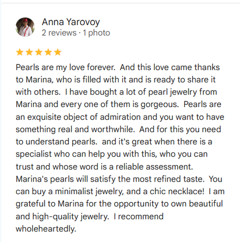 Five-star review of pearl jewelry from Anna Yarovoy with a star rating icon.