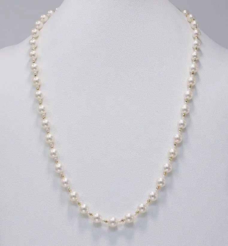 Akoya Pearl Station Necklace with 14K Yellow Gold Marina Pearls