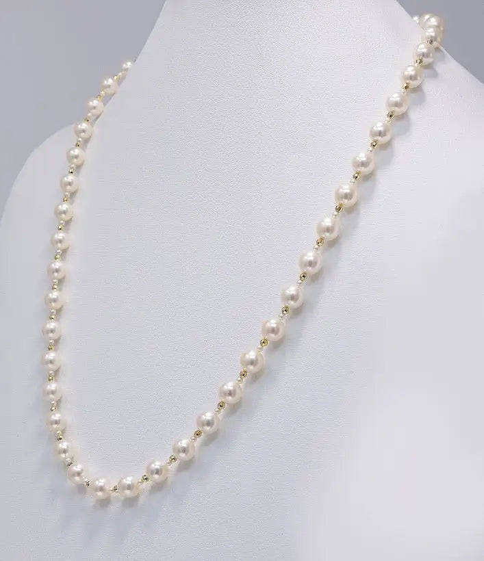 Akoya Pearl Station Necklace with 14K Yellow Gold Marina Pearls