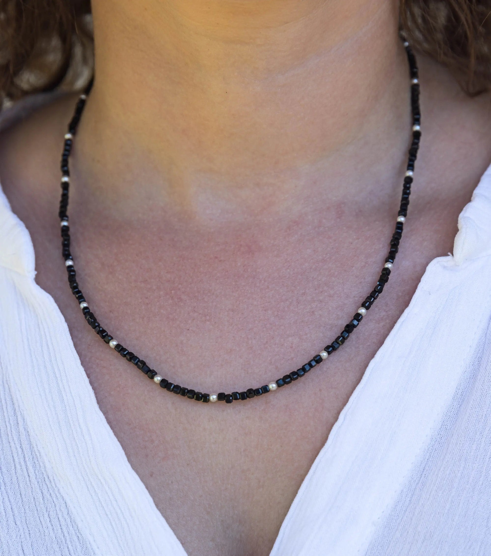 Baby Akoya Pearl with Black Spinel Necklace Marina Pearls