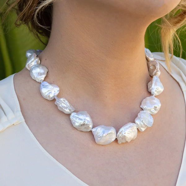 Baroque pearl necklace featuring irregularly-shaped cultured soufflé pearls by Marina Korneev.