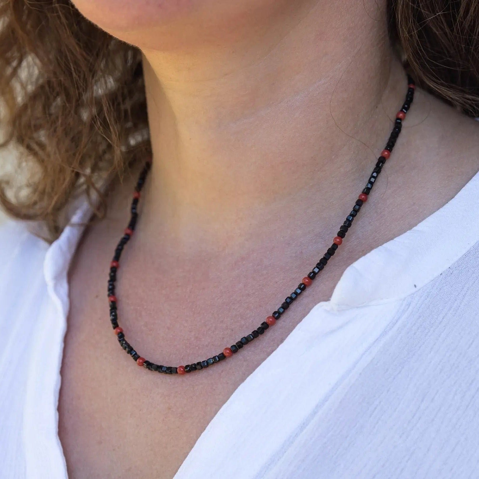 Black Spinel and Mediterranean Coral Necklace - Marina Pearls