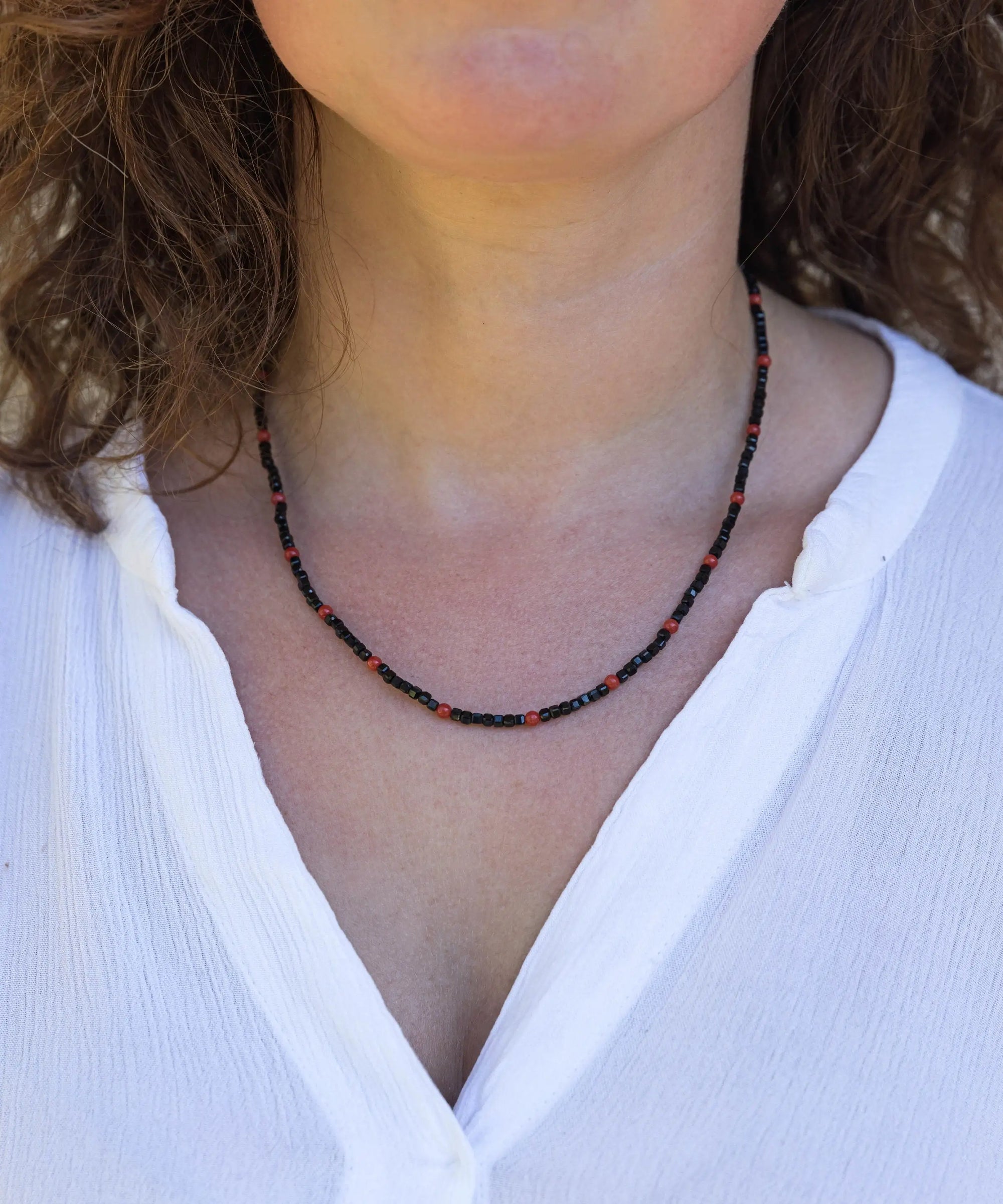 Black Spinel and Mediterranean Coral Necklace - Marina Pearls