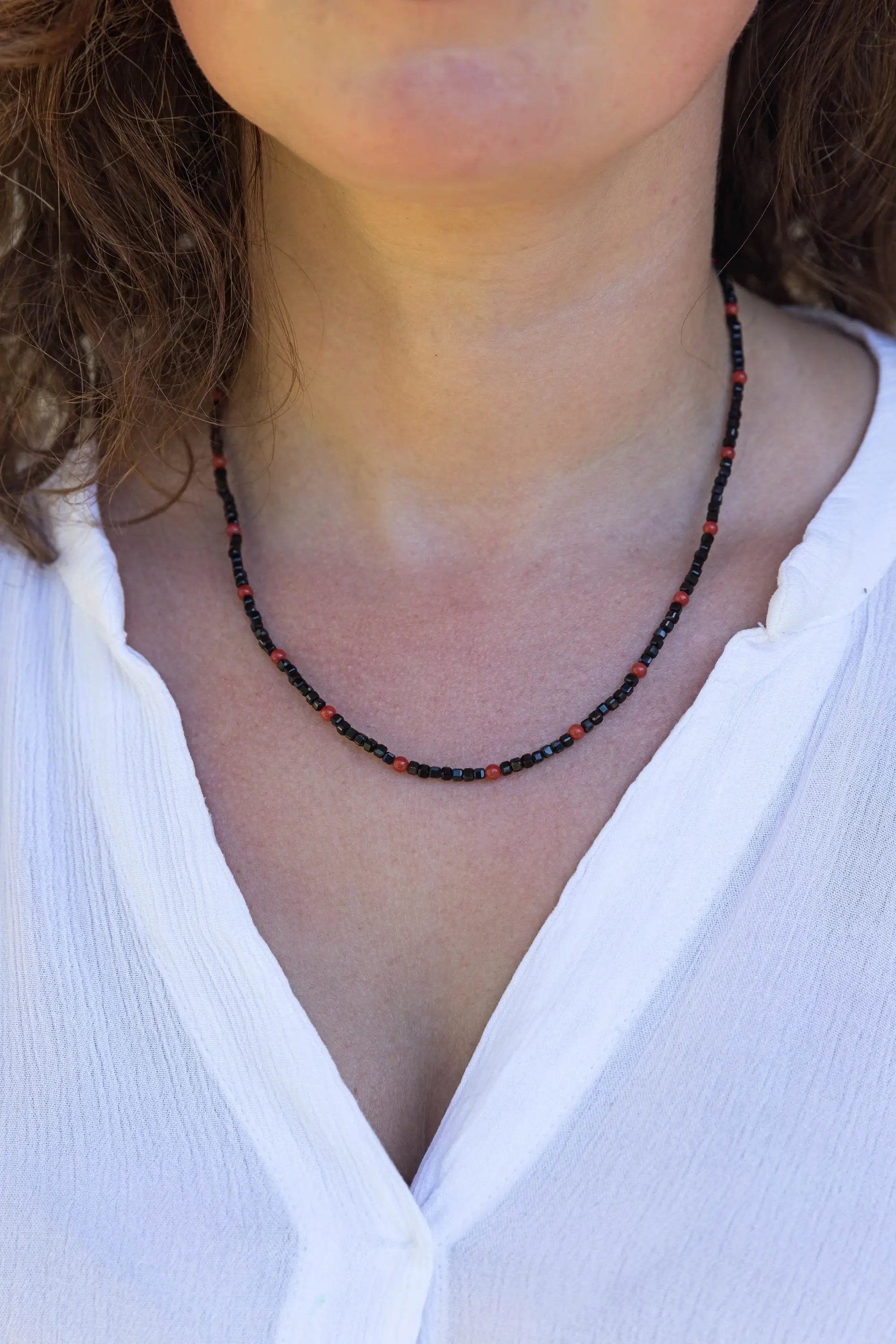 Black Spinel and Mediterranean Coral Necklace - Marina Pearls