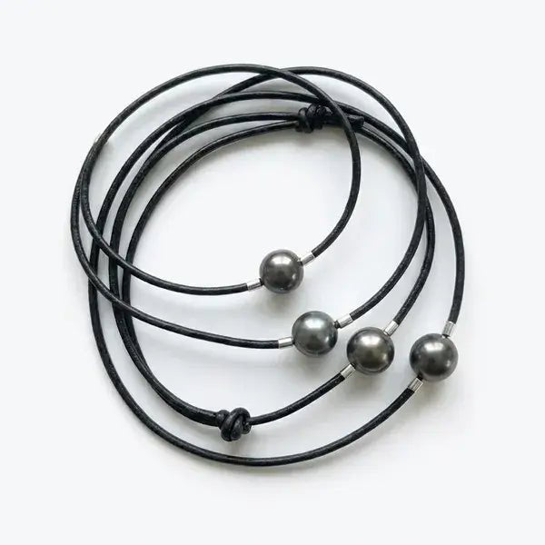 9 - 11mm Tahitian Pearl and Leather Cord Adjustable Bracelet Elegant Bracelets by Marina Korneev