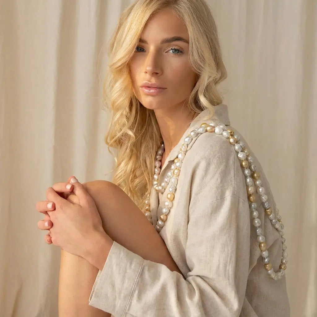 Woman wearing a beige outfit with pearl embellishments against a neutral background