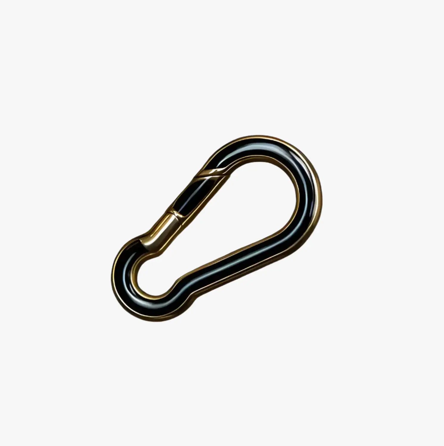 a black and gold metal hook on a white background