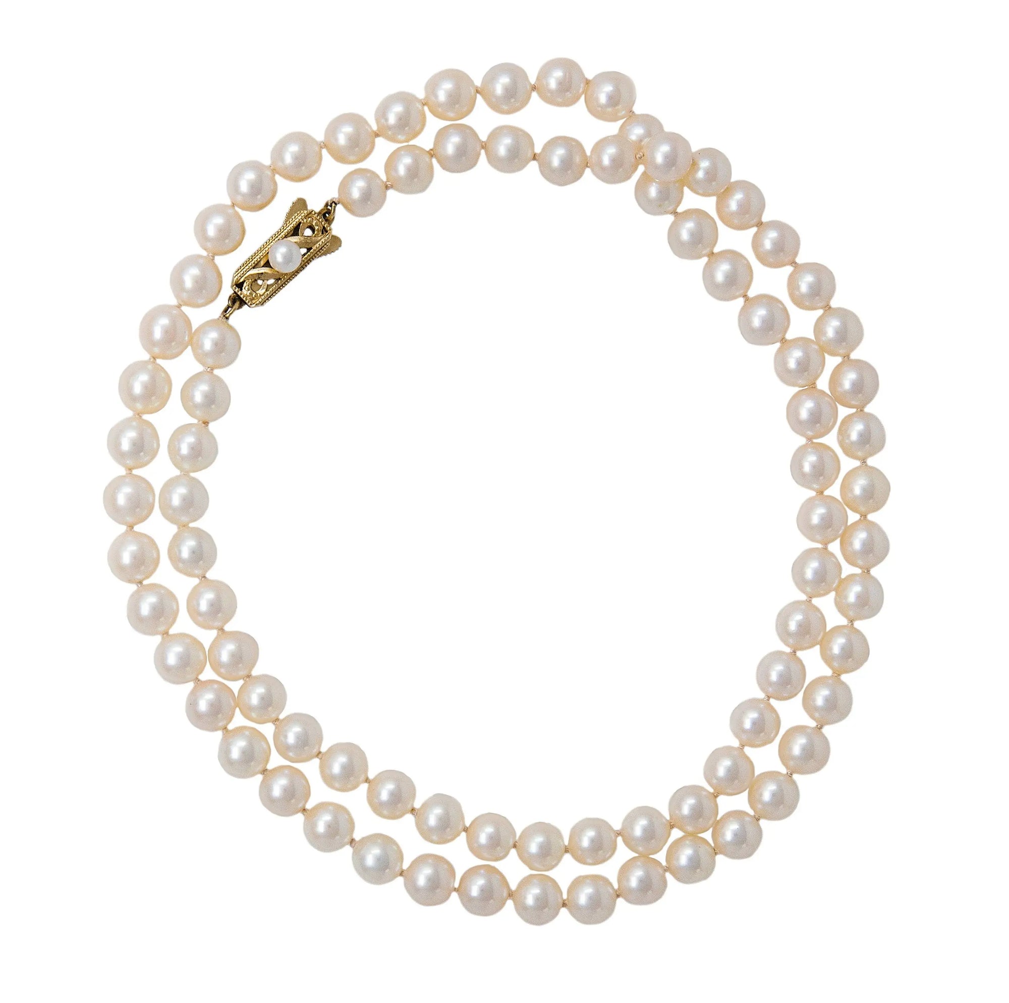 Classic Long Akoya Pearl Necklace Mikimoto 14K Yellow Gold Clasp Marina Pearls