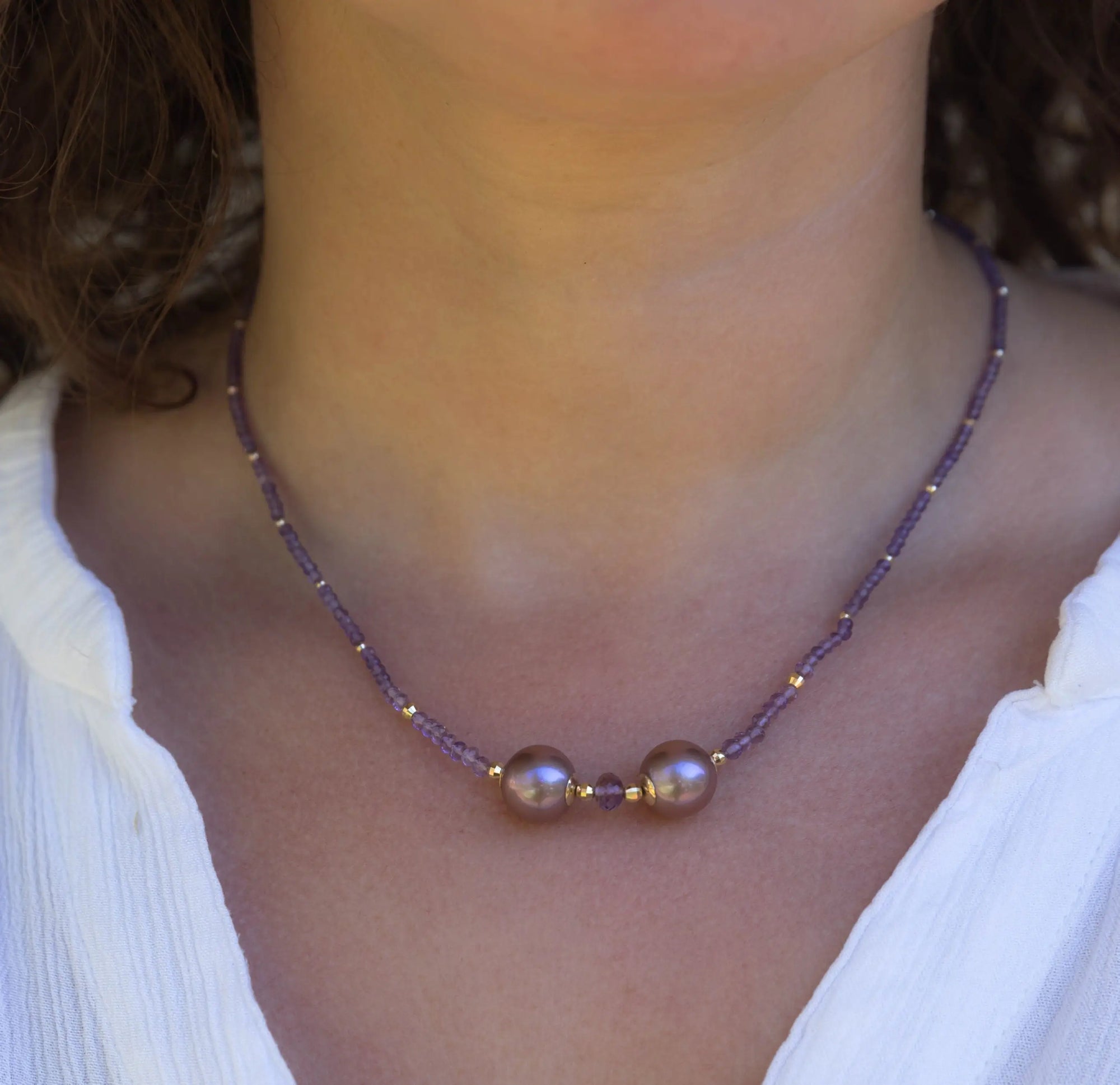 Edison Freshwater Pearls with Amethyst and 14K Yellow Gold Necklace Marina Pearls