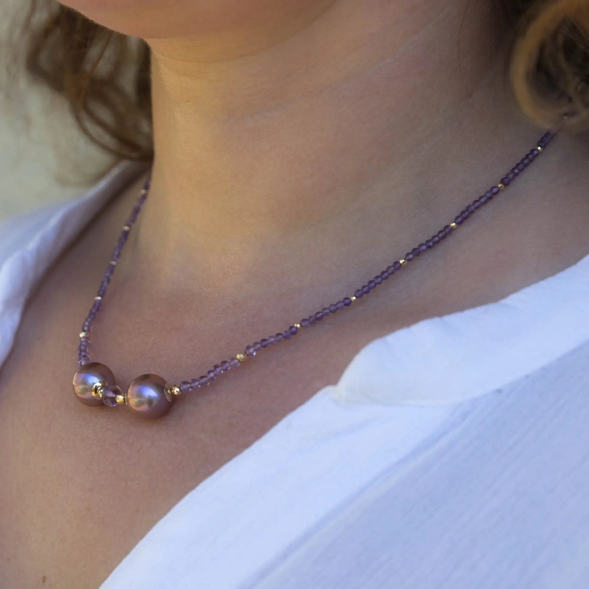 Edison Freshwater Pearls with Amethyst and 14K Yellow Gold Necklace Marina Pearls