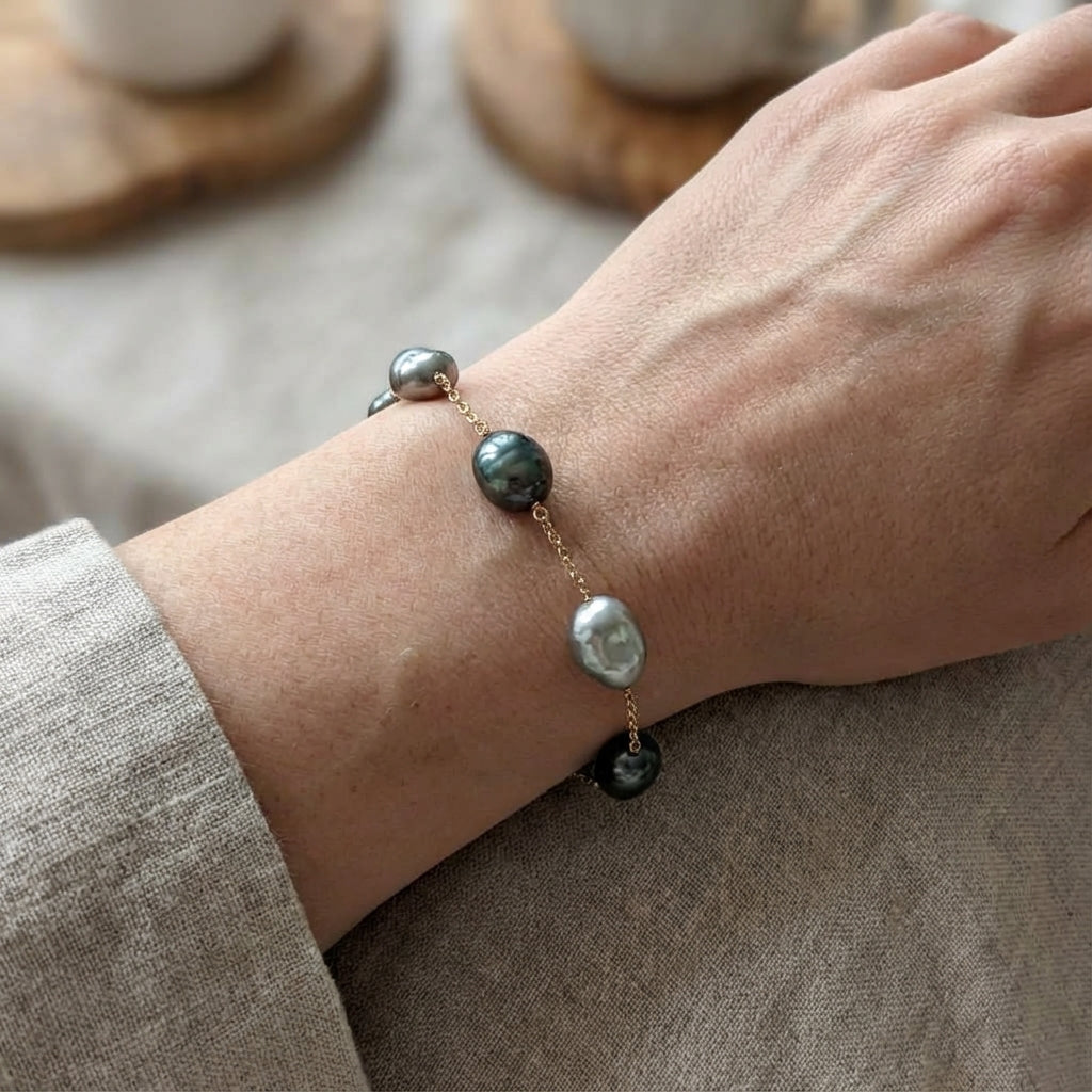 9–10mm Tahitian Keshi Pearl Station Bracelet, 14K Yellow Gold