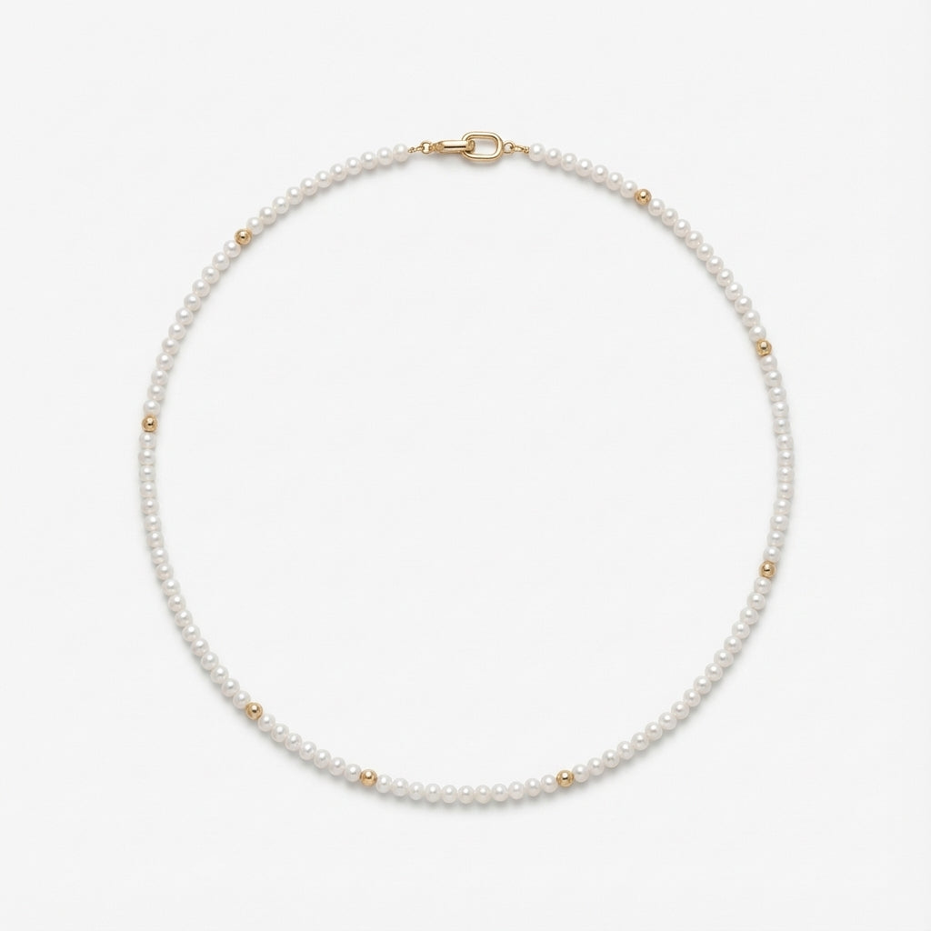 3.0-3.5mm White Seed Bead Nucleated Freshwater Pearl Necklace w/Gold Beads - Marina Korneev