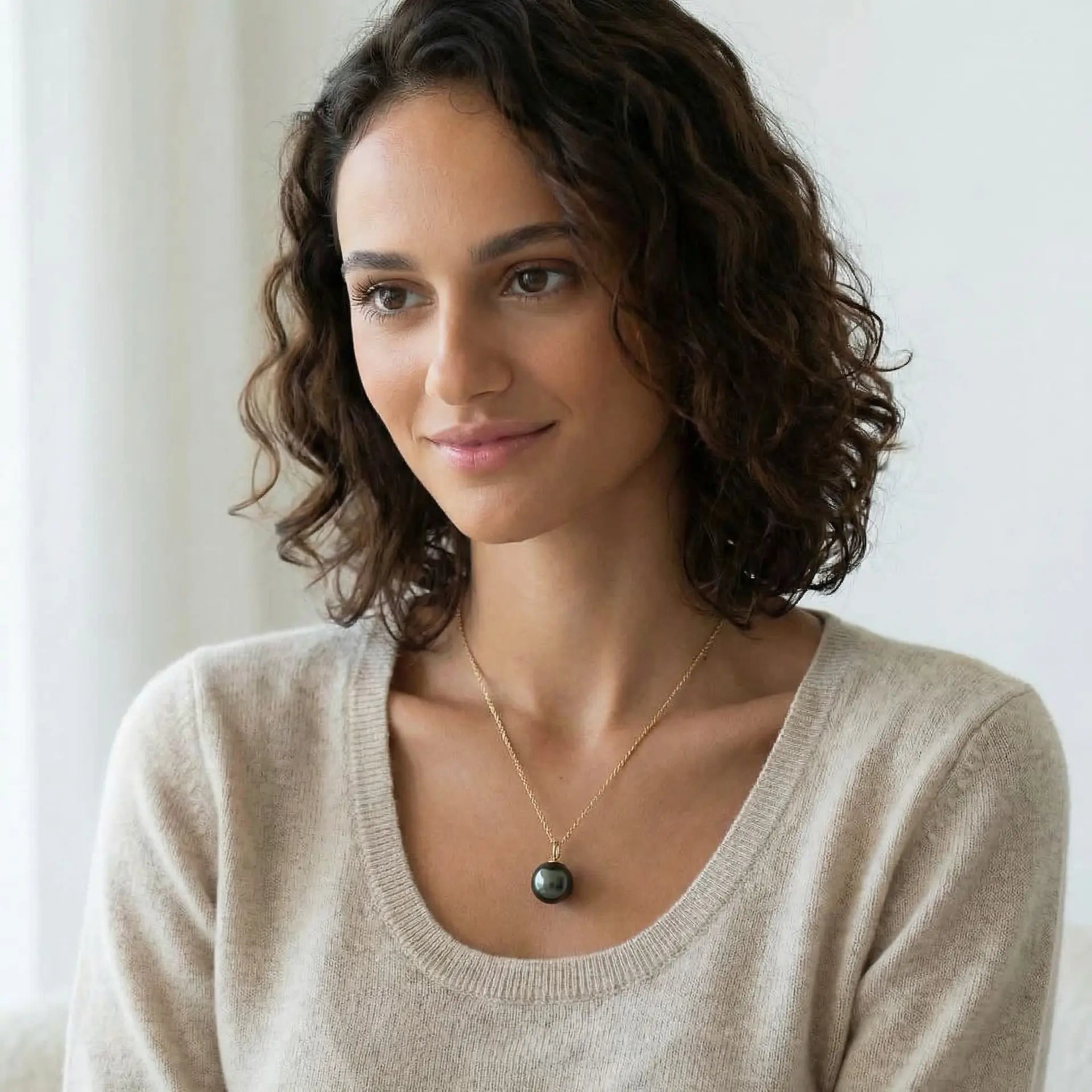 13 - 14mm Green Round Tahitian Pearl Pendant Elegant Pendants by Marina Korneev